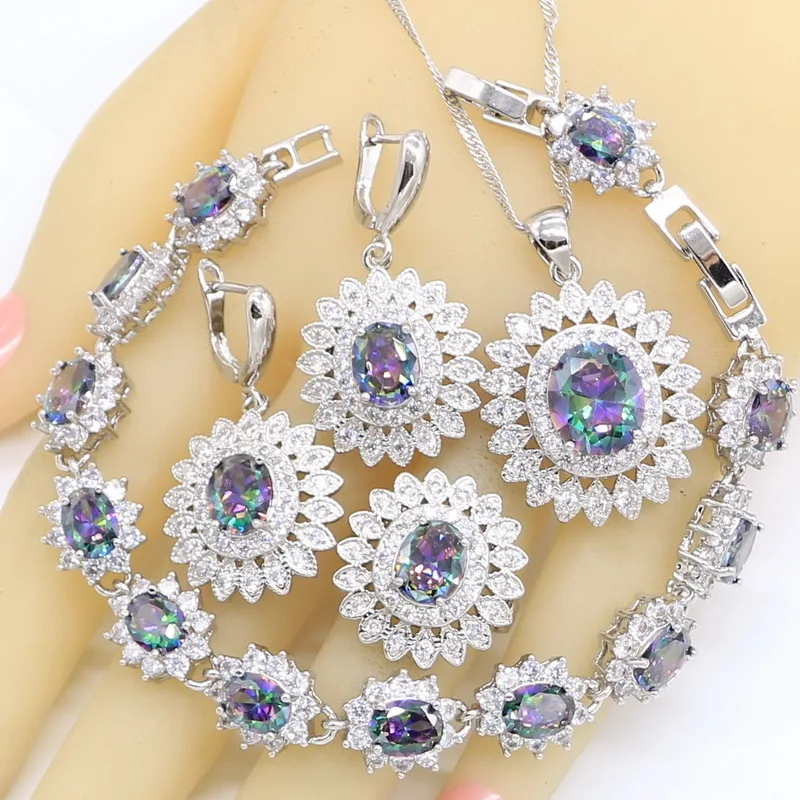 Multicolor Rainbow Topaz Silver Color Jewelry Sets For Women Wedding Bracelet Earrings Necklace Pendant Ring Birthday Gift