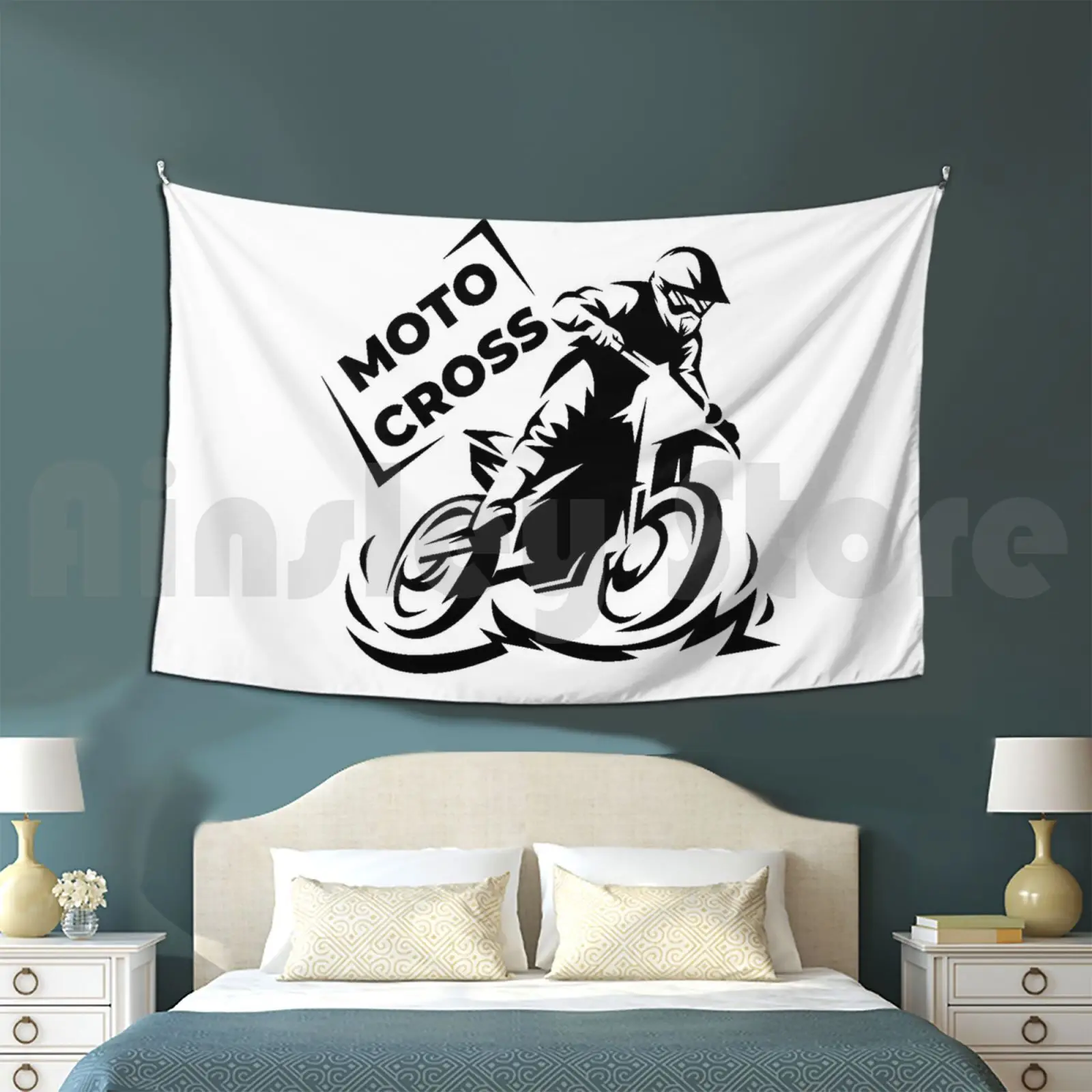 Moto Cross Wheels Racing Club . Helmet , Motorcycle , Motorsport , 21 Tapestry Living Room Bedroom Tribal Gear