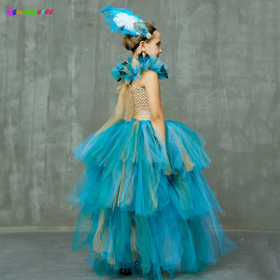 طبعة محدودة فاخرة الفتيات الطاووس توتو فستان مع مطابقة عقال متعدد الطبقات الاطفال مهرجان تول فستاين سهرة/فساتين الحفلات الطاووس زي #4