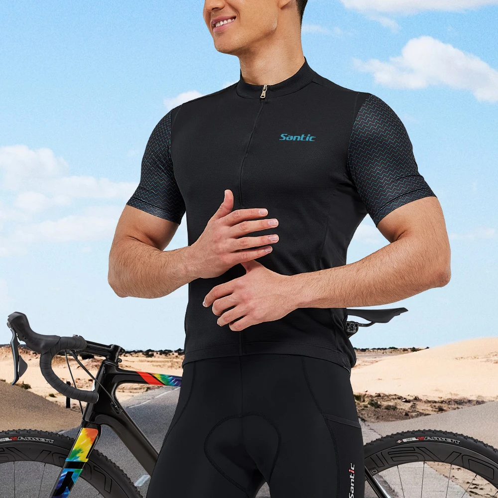 Santic men camisa de ciclismo verão manga curta mtb bicicleta camisas zíper completo respirável estrada roupas esportivas tamanho asiático