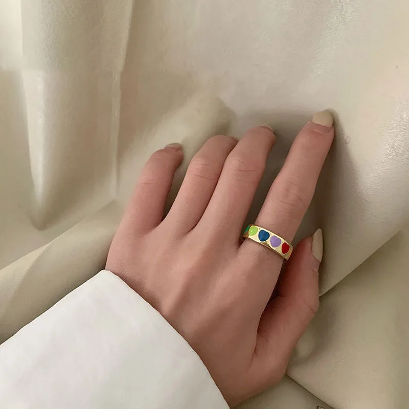 Vintage Bohemia Colorful Enamel Love Heart Ring Cute Simple Metal Rings for Women Punk Rock Jewelry