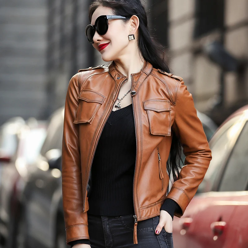 Vintage Leather Jacket Women Spring Autumn Genuine Leather Sheepskin Motocycle Jackets Streetwear Chaqueta Mujer