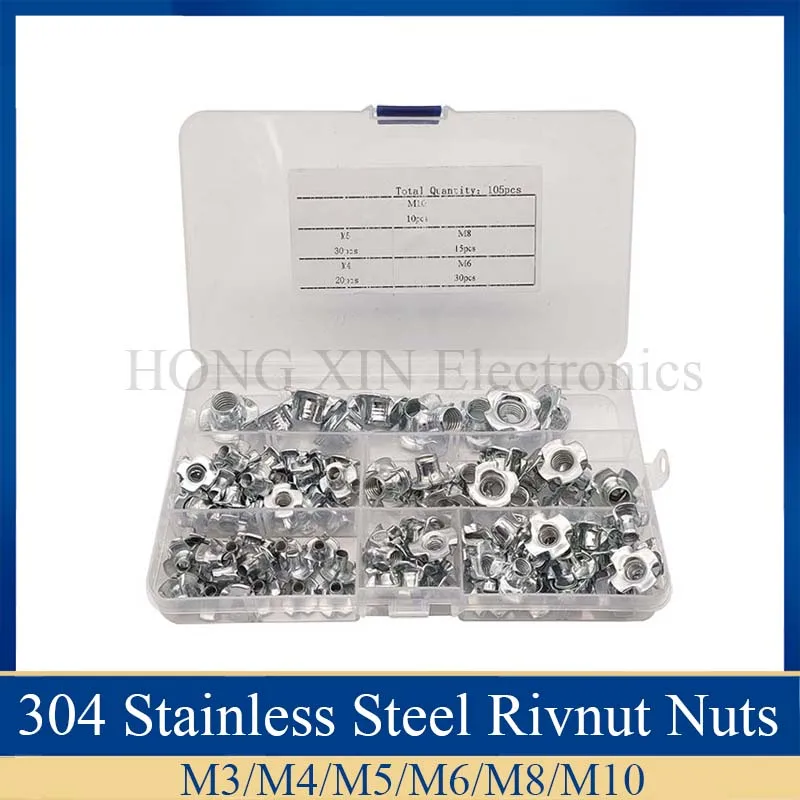 

105pcs/Set M4 5 6 8 10 Zinc Plated Steel T-Nut 4 Pronged Tee Blind Nuts Assortment Kit