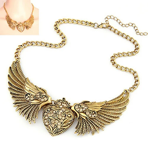 HOT SALES!!! FashionWomen\'s Rhinestone Heart Angel Wings Statement Necklace Jewelry wing heart pendant a lobster clasp Necklace