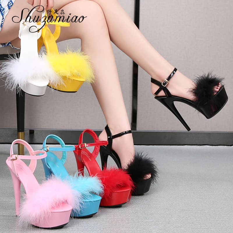 Wedding Shoes Women Fur Sandals Stripers Heels Shoes 13 15 17 20 CM High Heels Platform Sexy Ladies Sandals Girls Shoes for Part