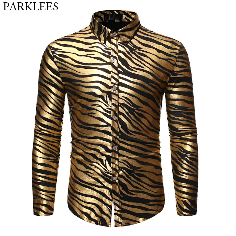 Camisa con estampado de cebra para hombre, camisa de manga larga ajustada, color dorado y metálico, estilo años 70, ideal para fiesta de graduación
