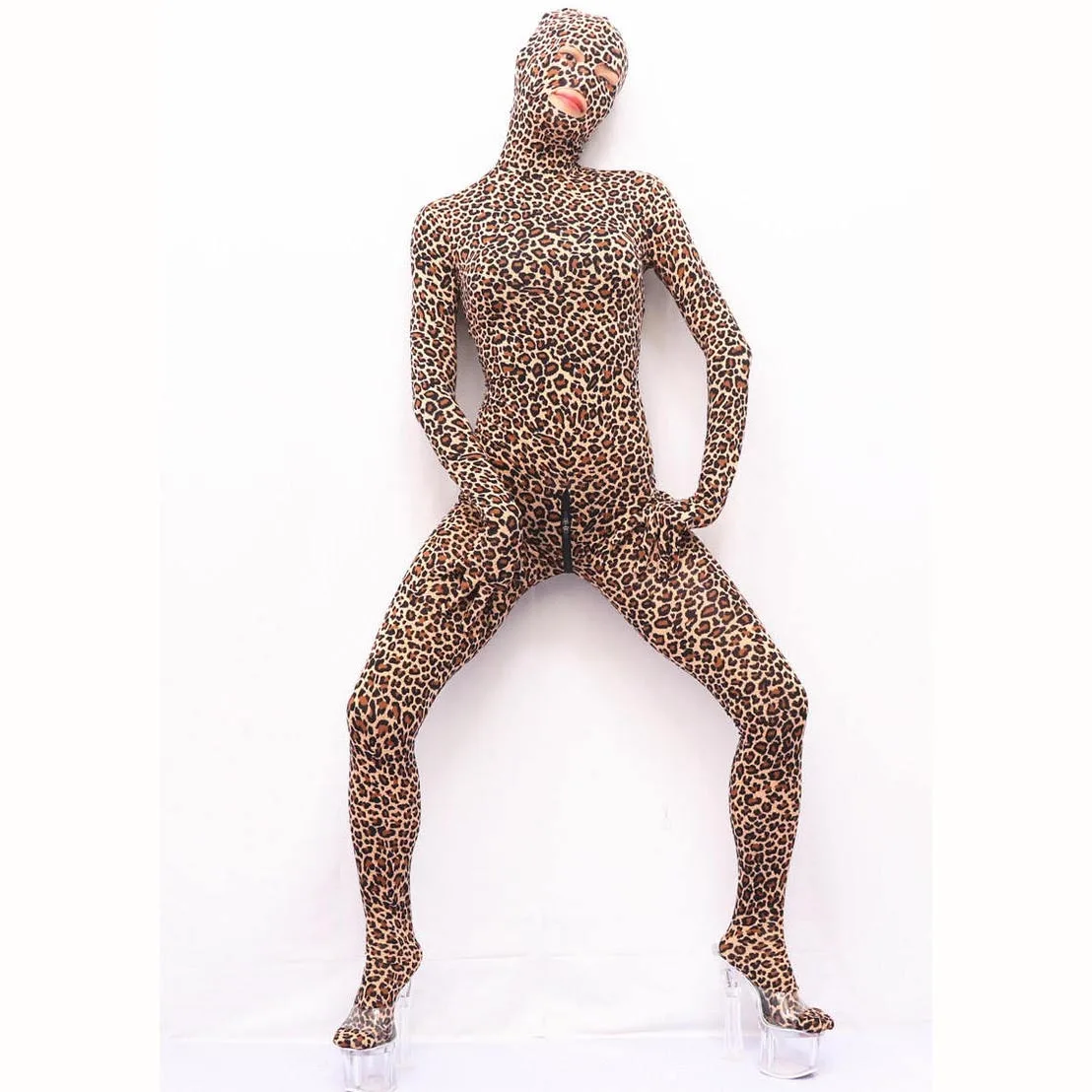 Sexy Leopard One Piece Tights Full Coat Zentai Separate Fingers Zipper Open Crotch Bodysuit Cosplay Performance Jumpsuit Unitard