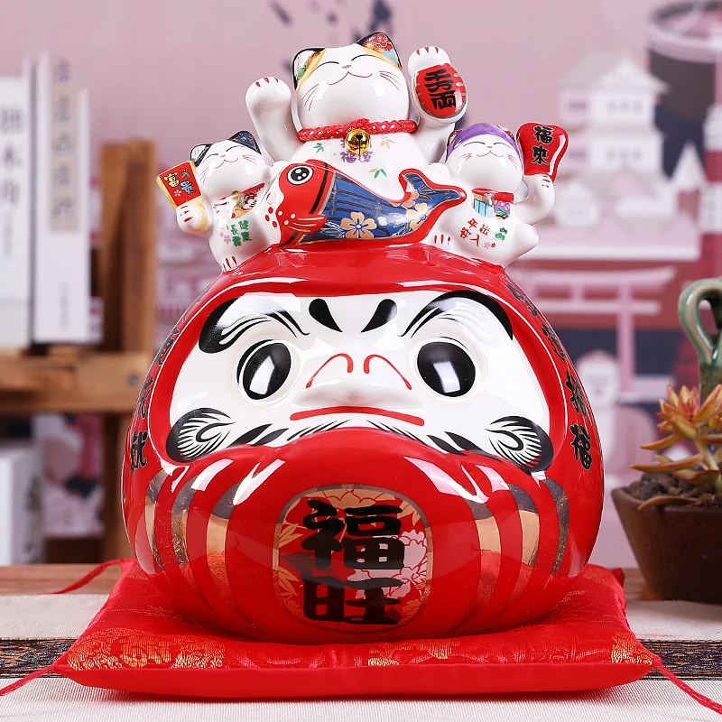 11 Inch Ceramic Daruma Ornament Lucky Fortune Cat Decoration Figurine Red Money Box Piggy Bank Centerpiece Feng Shui Gift