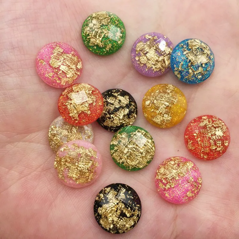 40Pcs Mix 12mm Resin Glitter Filled Gold Foil Facet Round Gems Flatback Rhinestone Scrapbook DIY Wedding Applique Ornament Craft