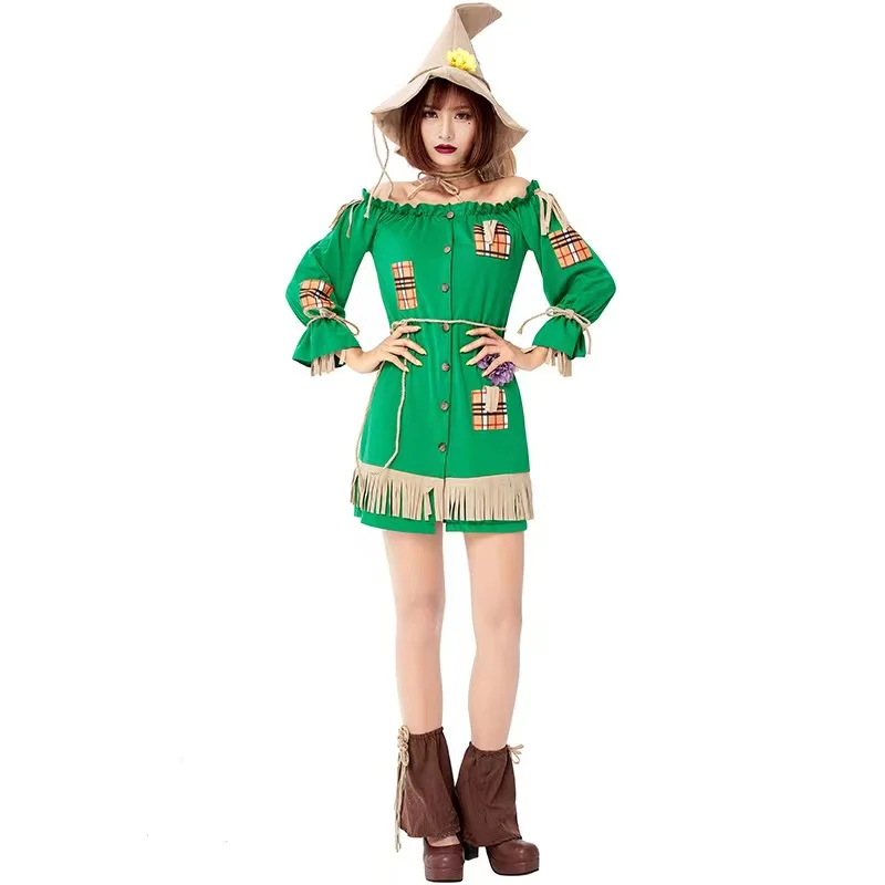 Green Women Scarecrow Cosplay Female Halloween Farmer Beggar Costumes Carnival Purim Parade Nightclub Bar Role Play Party Dress