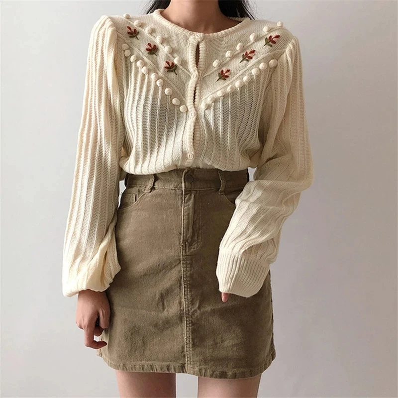 Women Sweet Gentle Floral Lantern-Sleeved Knitted Sweater Girls Korea Cute Chic Simple Fresh Cardigans Sweaters