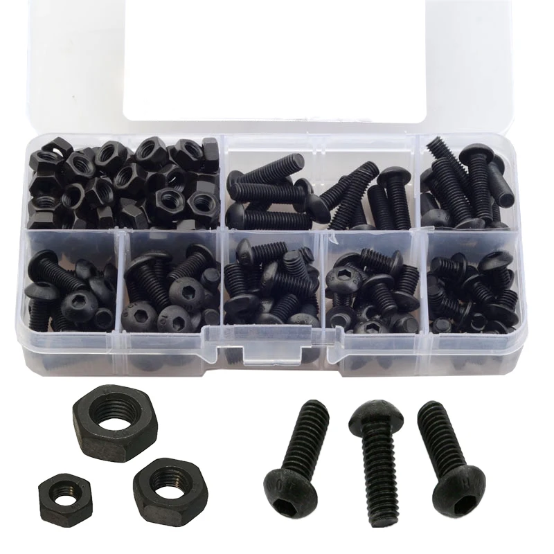 

180PCS M5 Hex Hexagon Socket Allen Round Pan Head Screw Bolt and Nuts with hex key Set Black Grade 10.9 Carbon Steel Screw Bolt