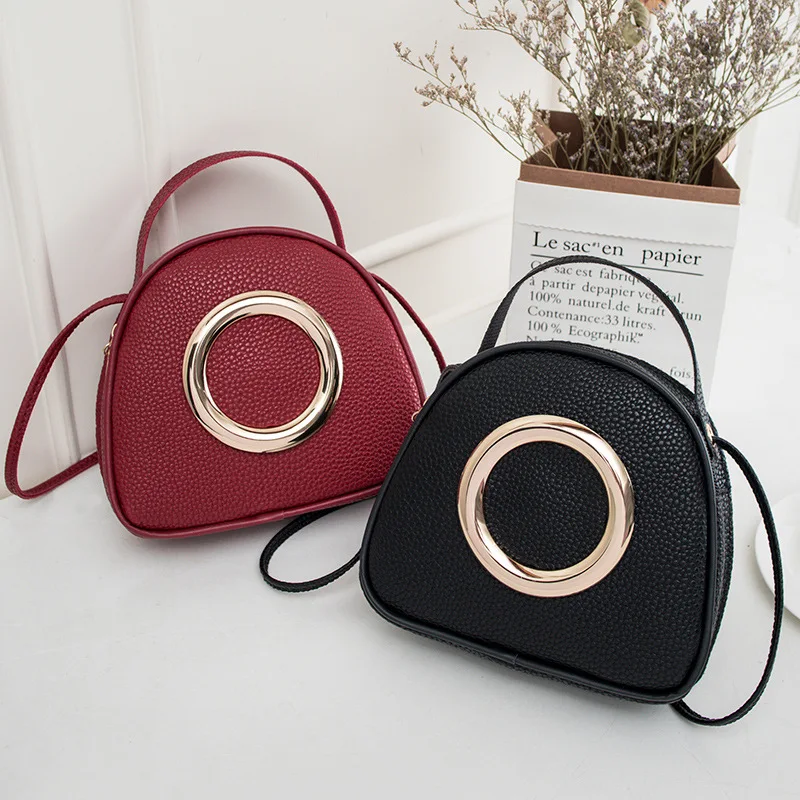 Lychee Pattern Small Circular Bags Solid Color Shoulder Bag Fashion Soft PU Leather Crossbody Bags Lady Simple Casual Handbags