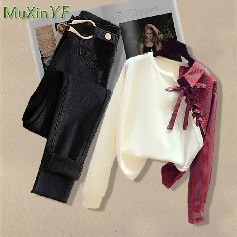 Autumn Pants Suit Women 2024 New Bow-knot Shirt Top All-match Jeans Two-piece Korean Fashion Elegant Blouse Denim Trousers Set