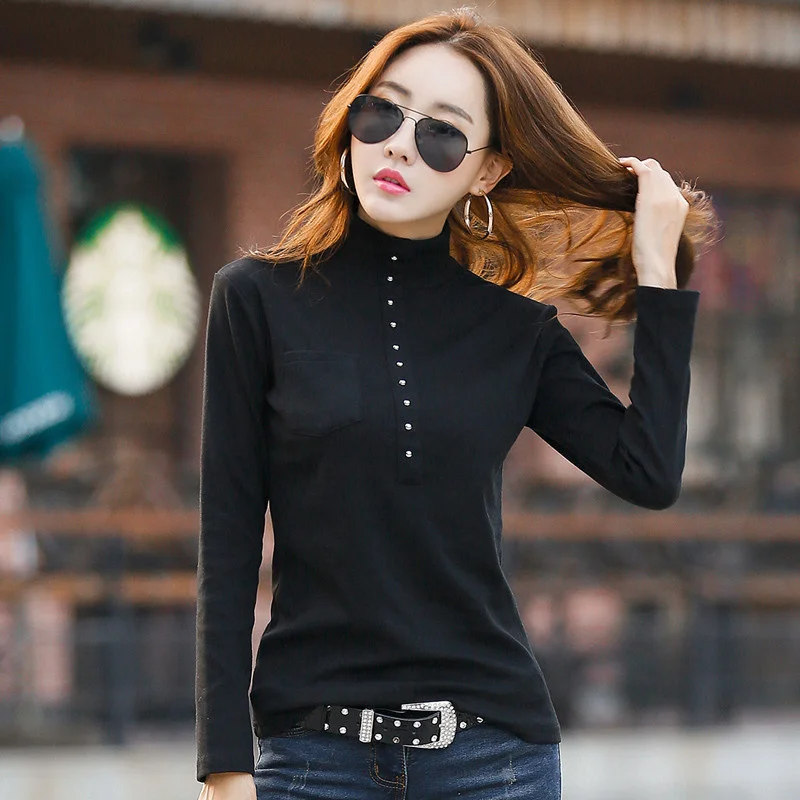 #0335 Black White Grey Blue Winter Fleece T Shirt Women Solid Color Turtleneck Buttons Casual Warm T Shirt Female Long Sleeves