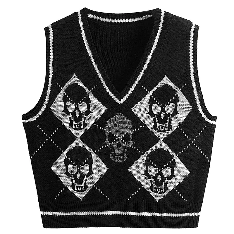 Y2K Gothic Knit Sweater Vest Skull Argyle Print Pattern Knitwear V-neck Pullover Fashion Jumper Top Fairy Grunge Streetwear