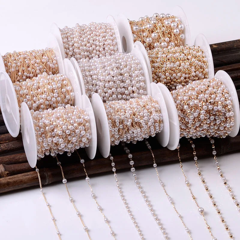 1 meter Imitation Pearl Beaded Chain Metal Copper Necklace Chain Diy Handmade Necklace Bracelet Jewerly Accessories