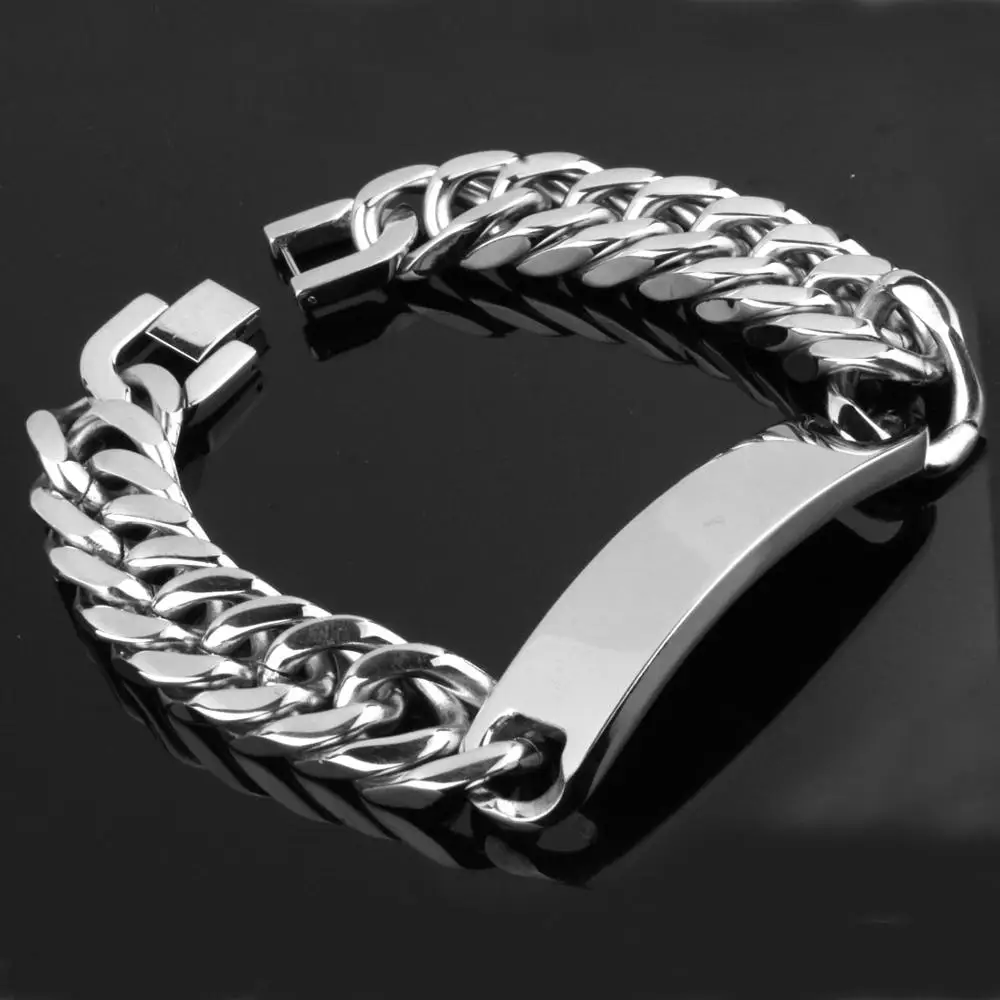 High Polished Bracelet Stainless Steel Men ID Link Bracelet Double Cuban Curb Chain Heavy Cool Men Jewelry 8-11inch