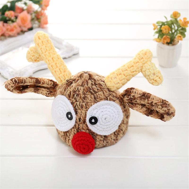 Christmas Baby Hat Adorable Reindeer Hand Crochet Beanie Newborn Boy Girl Knitting Hats Photo Props Knitted Bonnet Xmas Santa