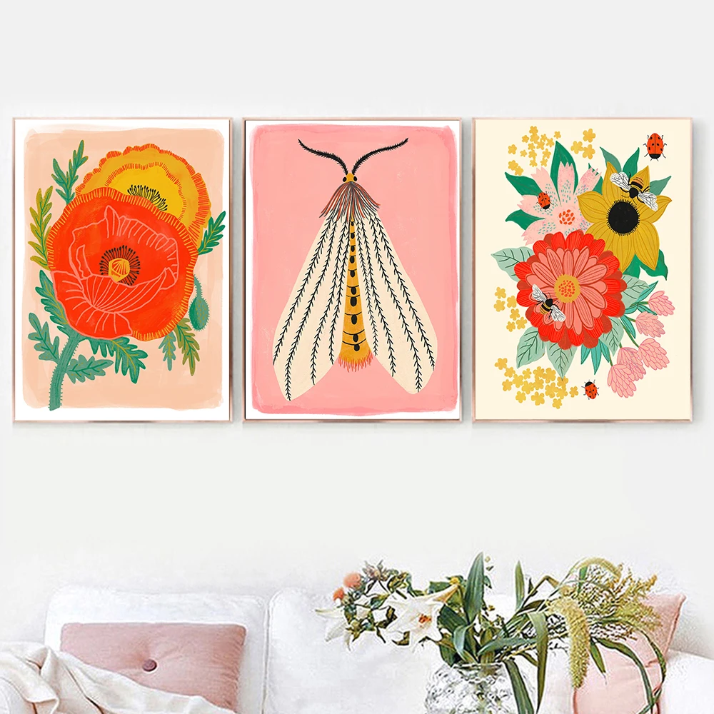 Poppy Flower Home Decoration Painting Colorful Insect Moth Living Room Nature Wall Art Canvas Poster Garden Nordic Bedroom Print