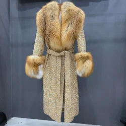 Long Wool Coat with Natural Genuine Fur, Red Gold Fox Fur Collar, Cuffs with Belt, Luxurious Coat, Chic and Fluffy, 210736,