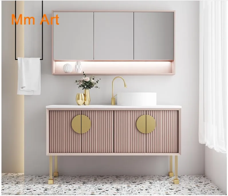 Pink Wall Mount Luxury Hotel bathroom vanity Bathroom Furniture Cabinets Sets With Door