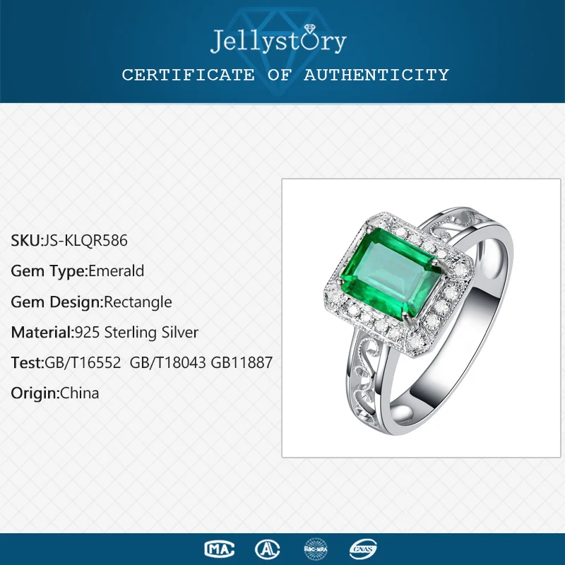 Jellystory Classic 925 Silver Jewelry Rings with Rectangle Shape Emeral Zircon Gemstone Open Ring for Women Party Gift wholesale