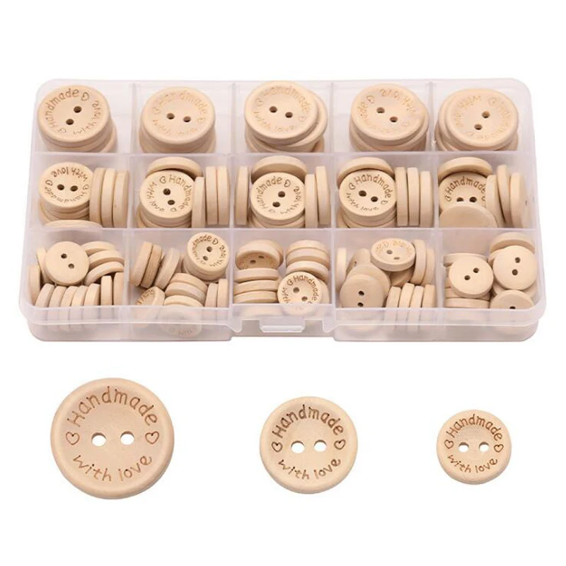 140PCS/lot Multi-size Natural Color Wooden Buttons Handmade Love Letter Wood Button Craft DIY Baby Apparel Accessories with Box