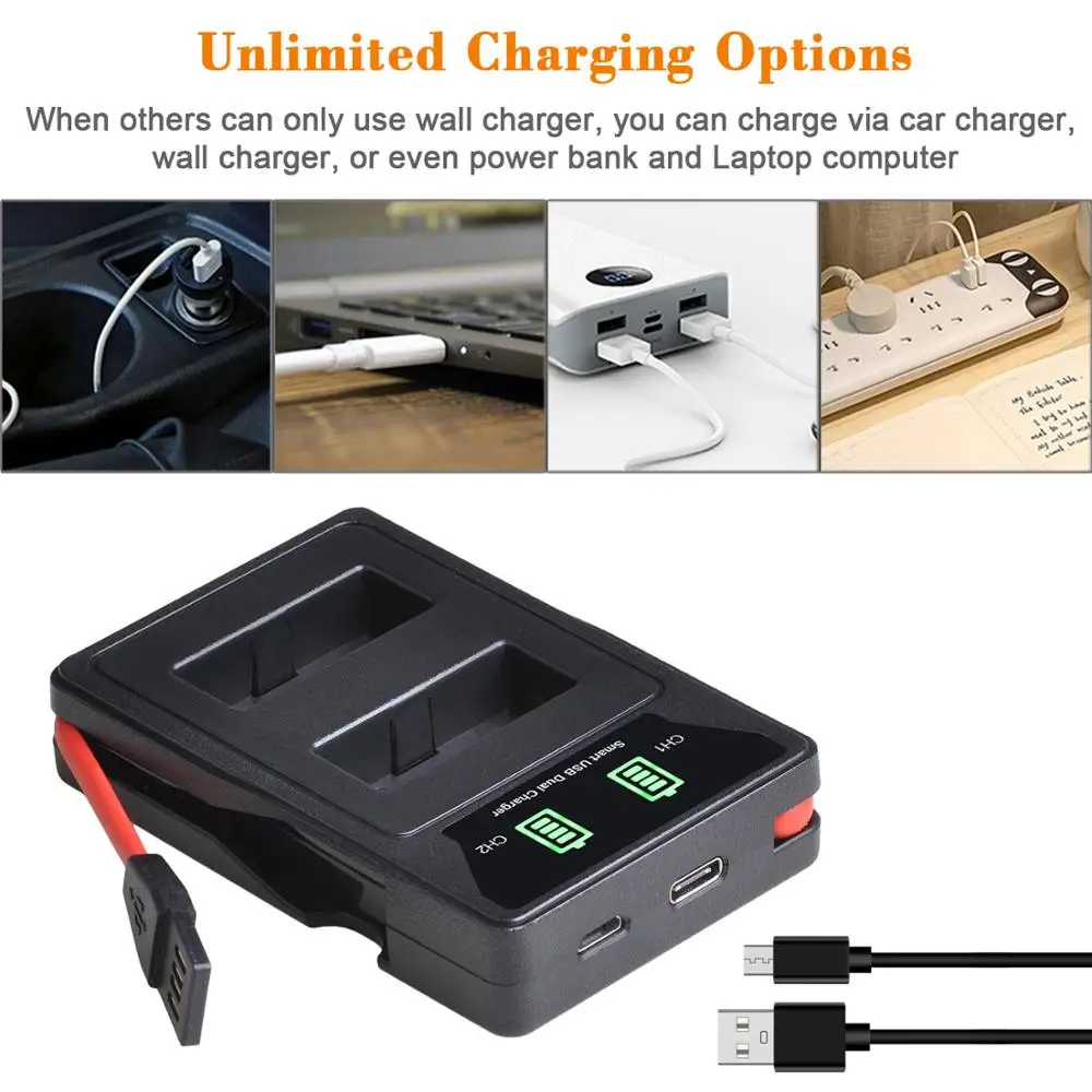 Двойное зарядное устройство со светодиодной подсветкой и USB-портом типа C для Canon Rebel SL1 100D, EOS M, EOS M2, EOS M10 EOS M50 SX70 HS