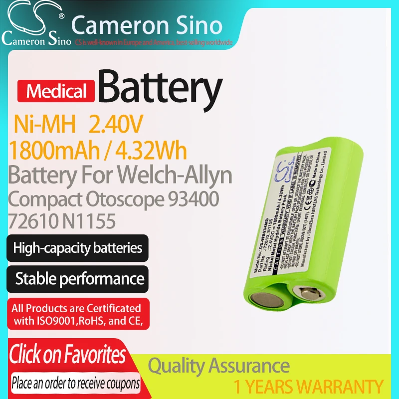 CameronSino Pin Cho Welch-Allyn Nhỏ Gọn Otoscope 93400 Phù Hợp Với 72610 N1155 Y Tế Thay Thế Pin 1800MAh/4.32Wh 2.40V
