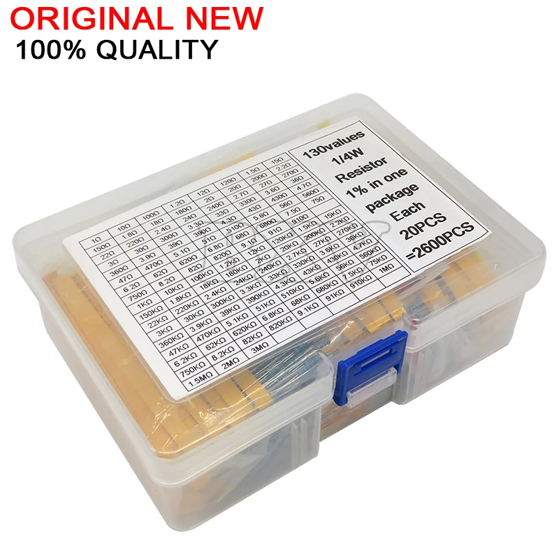 

2600PCS/lLOT 130 Values 1/4W 0.25W 1% Metal Film Resistors Assorted Pack Kit Set Lot Resistors Assortment Kits Fixed Resistor