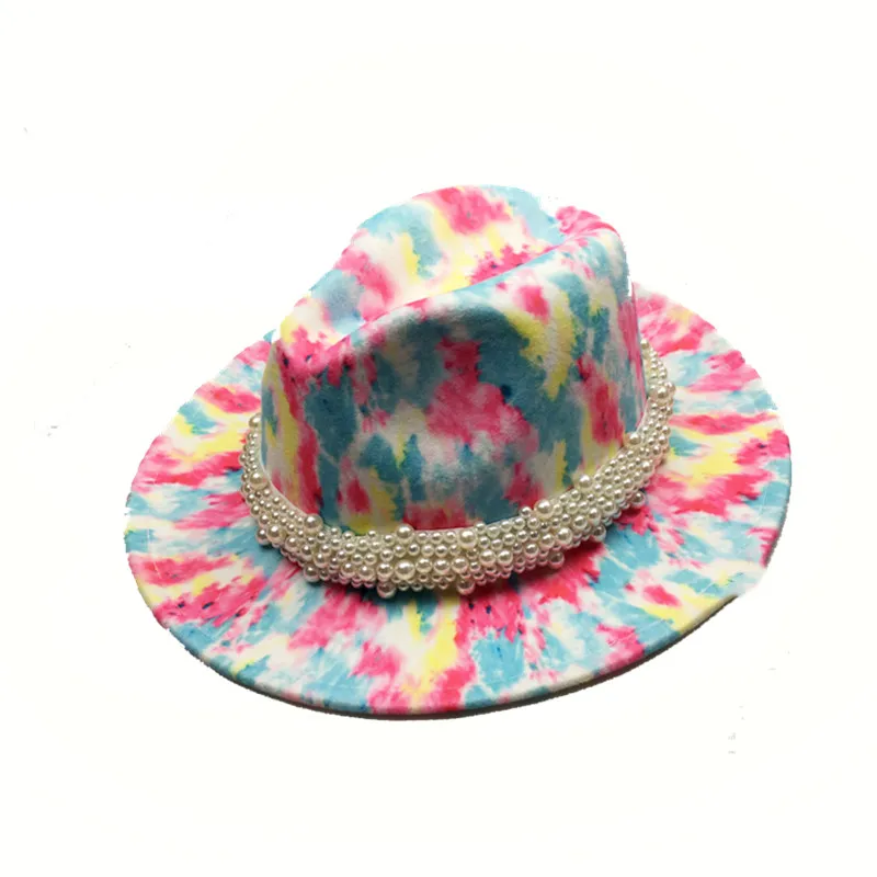 

Women Pearl Chain Panama Felt Fedoras Hat Printed Wide Brim New Style Church Derby Top Hat Men wool British style Jazz Cap