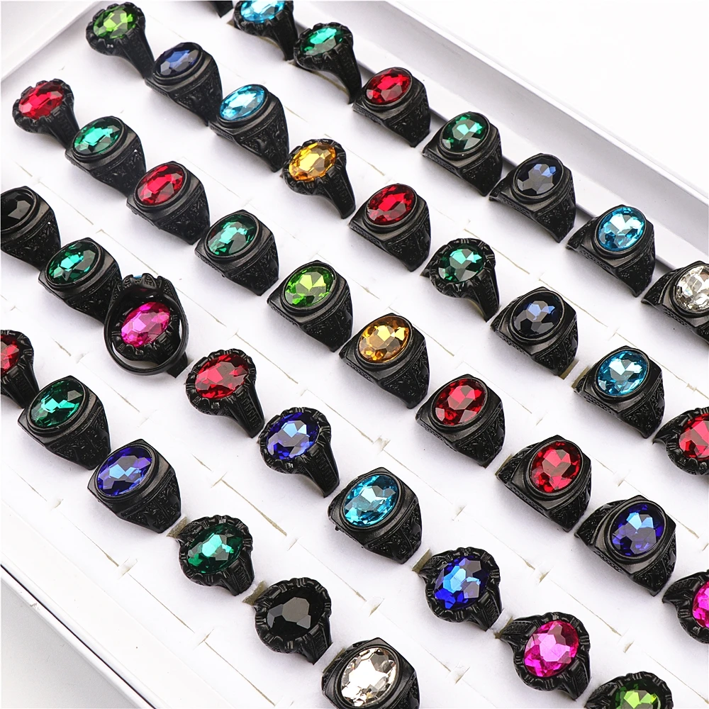 10Pcs/Lot Fashion Glass Colorful Imitation Gemstone Jewelry Rings For Men Women Mix Style Party Gifts