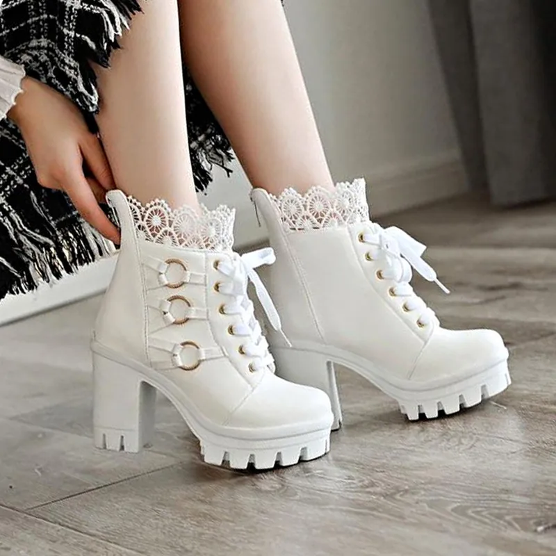 

Cosplay Vintage Sweet Lolita Lace Shoes High Help Anime Lolita Shoes Cos Loli Princess lace-up uniform chunky leather boot