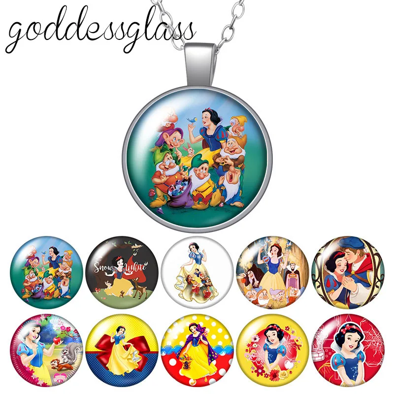 Disney Princess Snow white and the Seven Dwarfs Round Glass glass cabochon silver plated/Crystal pendant necklace jewelry Gift