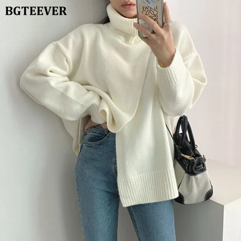 BGTEEVER Elegant Solid Turtleneck Sweaters for Women Casual Long Sleeve Front Split Female Knitted Pullovers 2021 Autumn Winter