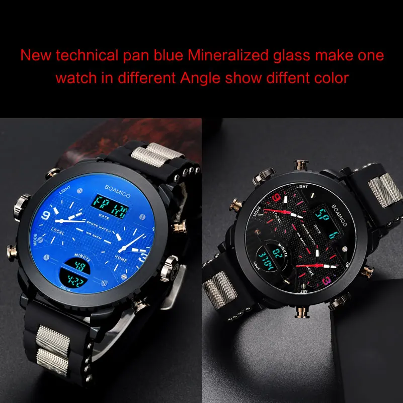 BOAMIGO 3 Time Zone Military Sports Watches LED Digital Quartz Wristwatches erkek kol satleri relogio masculino