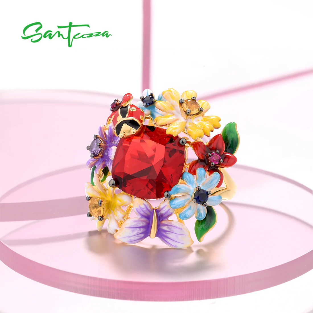 SANTUZZA Pure 925 Sterling Silver Rings For Women Colorful Flowers Ladybug Ring Sparkling Red Stone Handmade Enamel Fine Jewelry