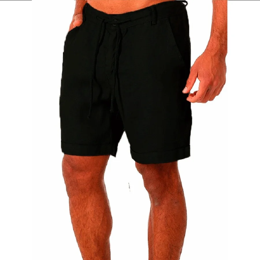 Pantalones cortos de lino y algodón para hombre, pantalón corto transpirable con botones, cordones, bolsillos en la cintura, tablero de playa