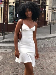 Totatoop-Women's Elegant V-Neck Ruffles Strap Dress Sexy Bodycon Dress Sleeveless Office Lady Vintage Party White Summer 2024