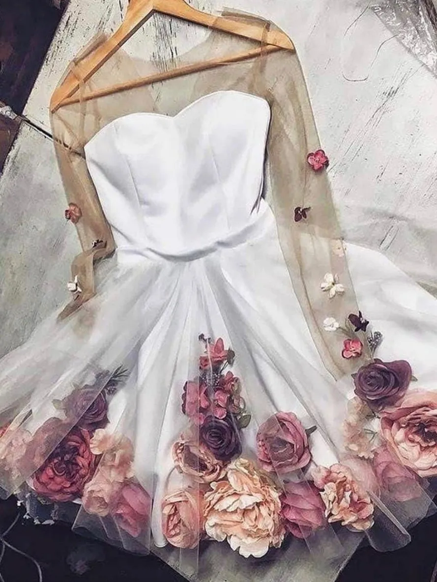 Bonito 3d flor senhora cocktail vestidos ver através de mangas completas floral curto vestidos de baile doce 2023