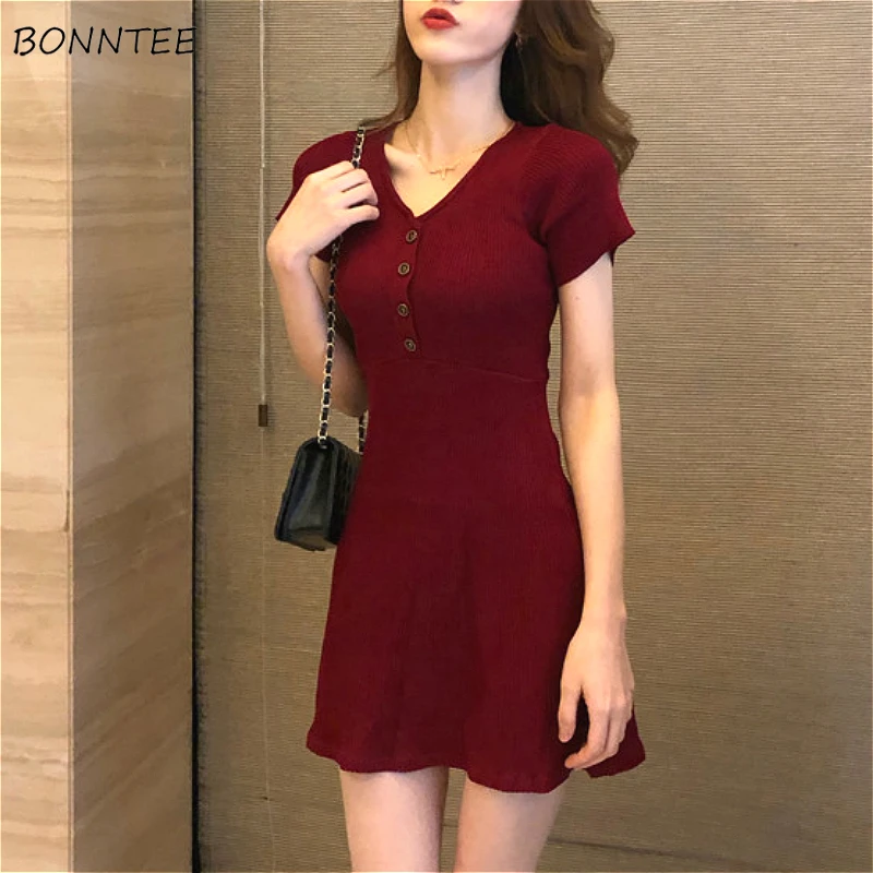 Dresses Women Vintage Burgundy Summer Knitted Femme Bodycon Dress Mini Sexy Empire Black V-Neck Party Celebrity Slim Ladies Wear