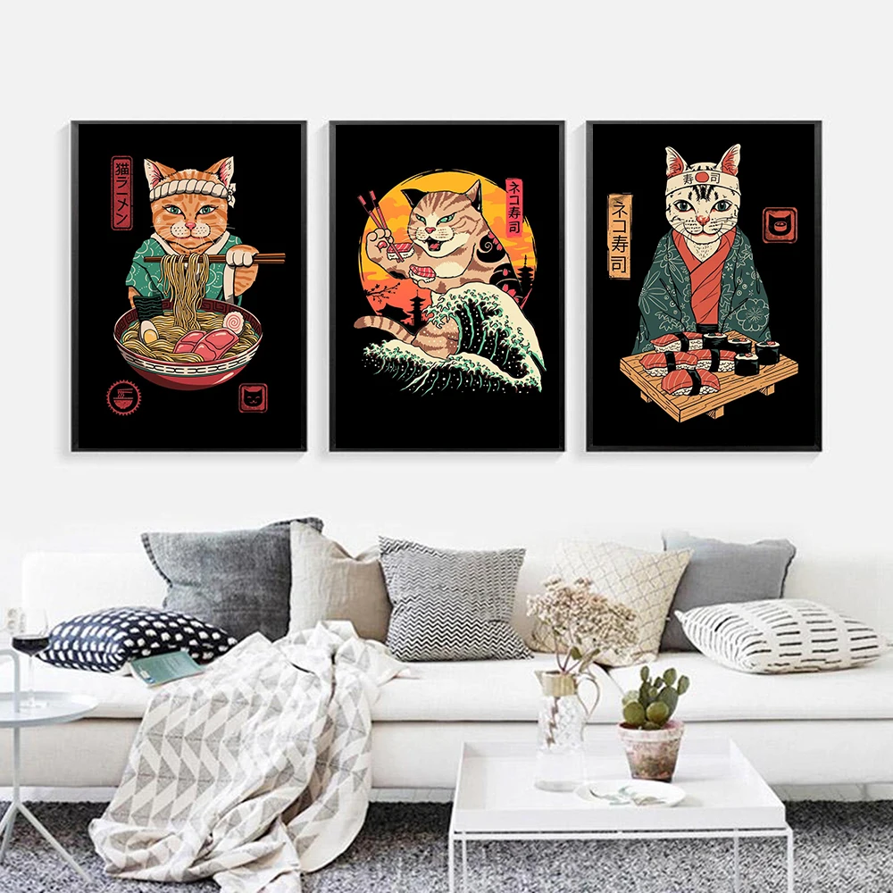 Japanese Samurai Cat Neko Ramen Nostalgia Wave Home Decor Wall Art HD Quality Cartoon Painting Animal Posters Canvas Painting