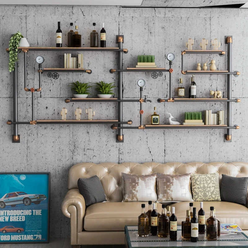 Retro Design Metal Wall Shelf Wine Rack Iron Art Wine Rack Wall Decoration High temperature baking paint Wall Shelf Retro Bookshelf Bookshelf Water Pipe Diaphragm Wall Hanger