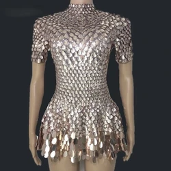 Sexy Nightclub Leotard Shining Lovely Sequins Mini Dress Costume Celebrate Rhinestone Bodysuit Birthday Silver Dresses