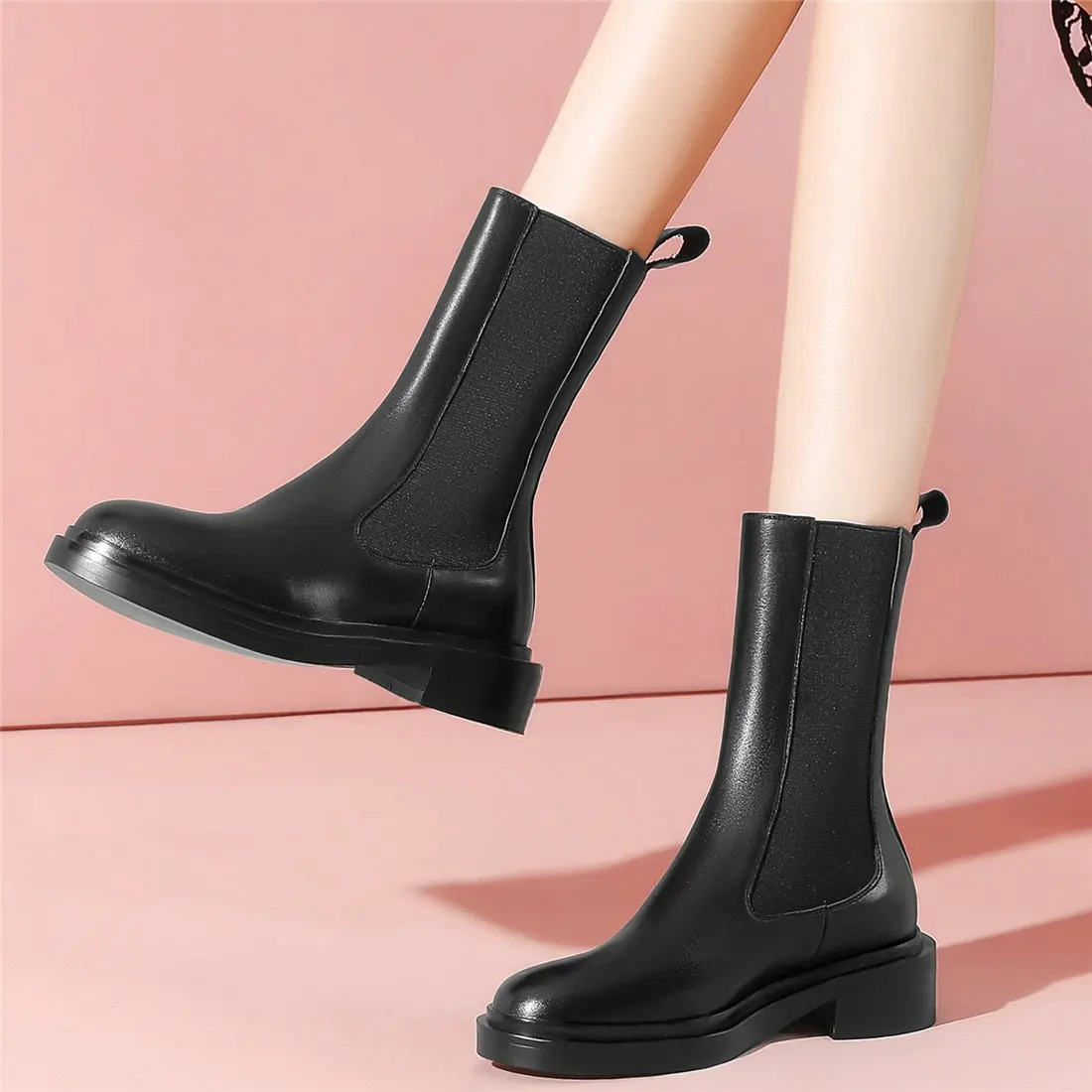 

Flat With Oxfords Shoes Women Black Genuine Leather Low Heel Riding Boots Female Slip On Round Toe Platform Pumps Casual Shoes