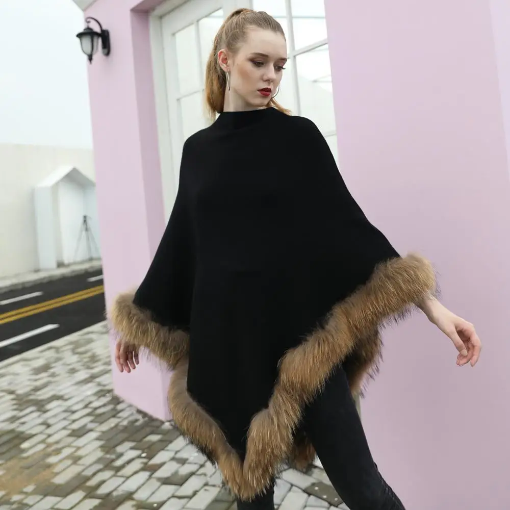 Janefur Cashmere Cape With Natural Raccoon Fur Trim Ladies Poncho Pashmina Women Winter Warm Shawl