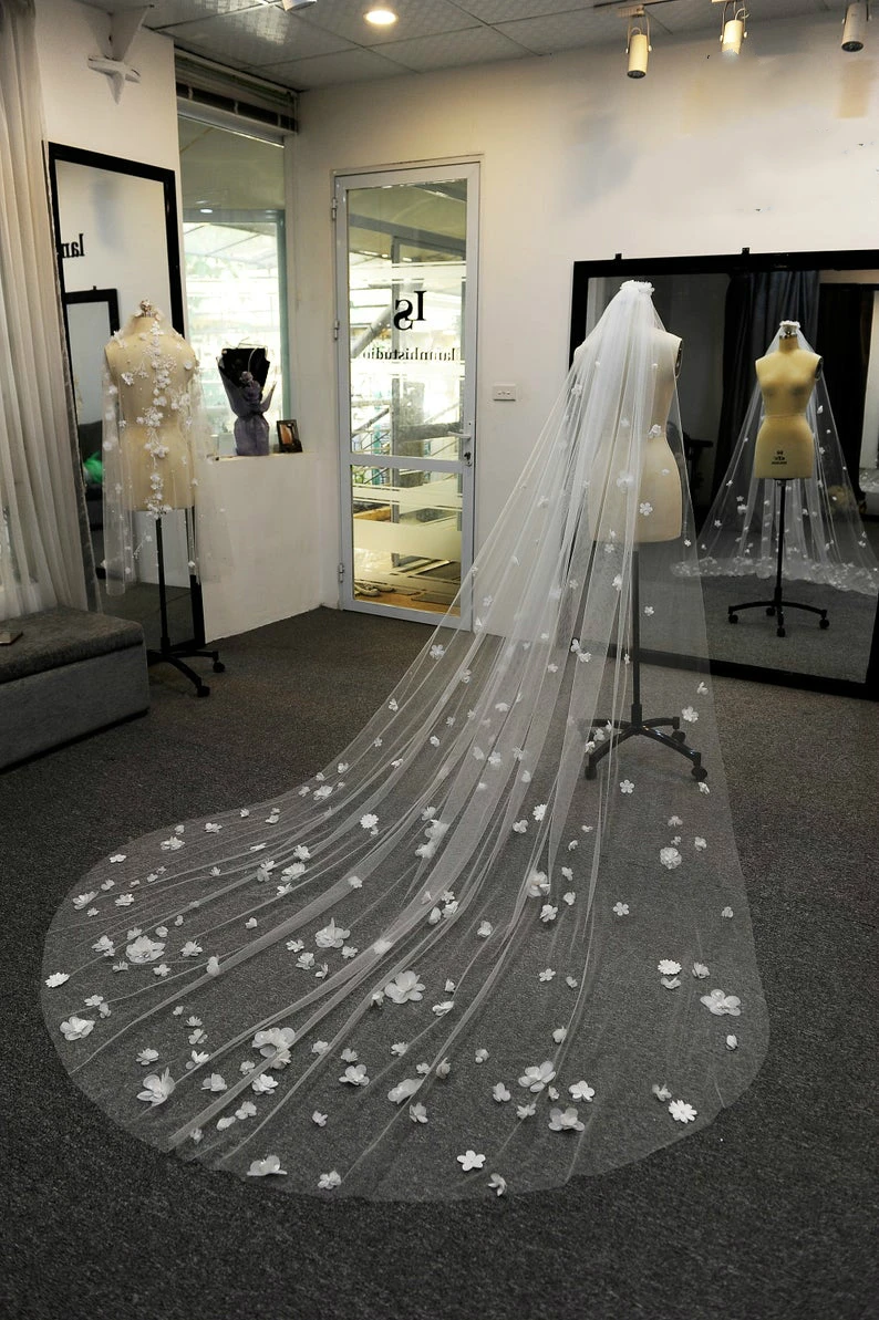 Voile de mariée en Tulle doux pour femme, haut de gamme, blanc ivoire, à fleurs 3D