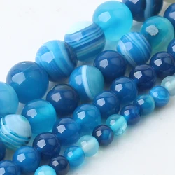 Natural Stone Stripe Blue Onyx Agates Bead Chalcedony Round Beads 4 6 8 10 12 MM For Jewelry Making DIY Bracelets