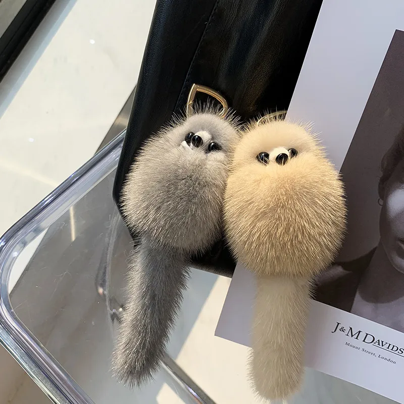 Luxury Real Mink Fur Keychain Soft Cute Fox Toys Women HandBag Ornament Pendant Car Key Ring Fox Tail Trinket Gifts Accessories